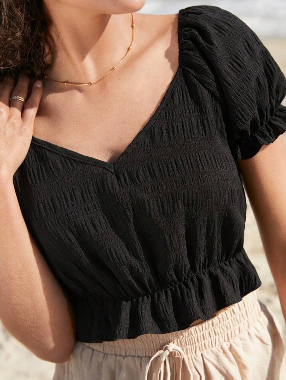 SHEIN Black Puff Sleeve Smocked Crop Top Size L